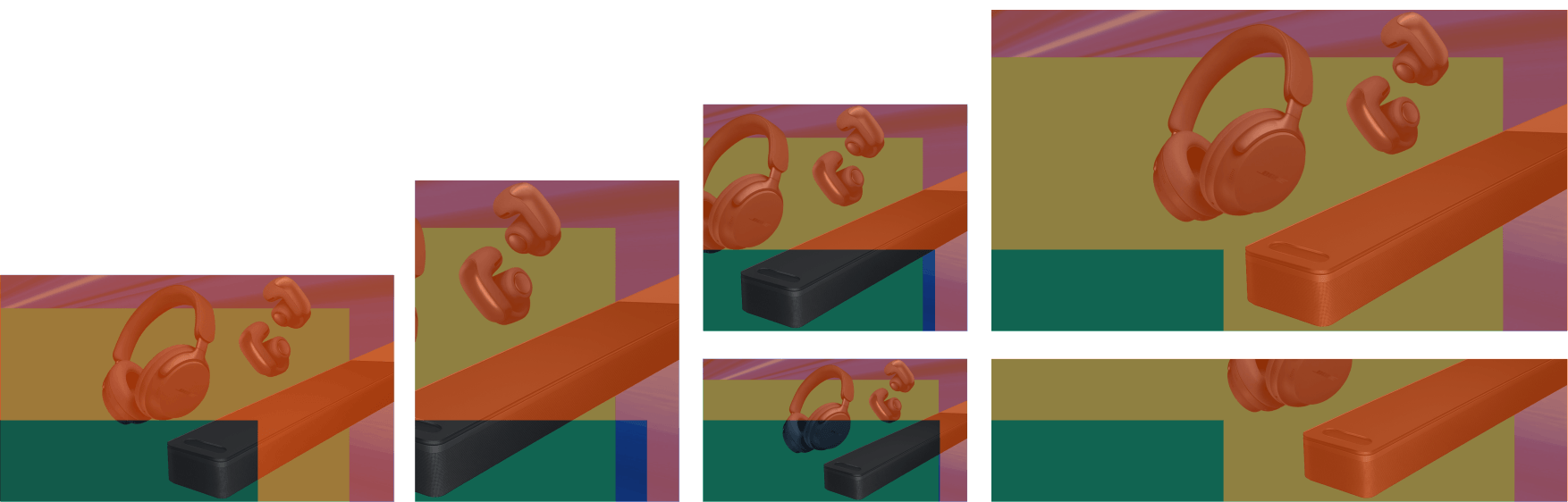 The same flattened campaign composition cropped across wide, tall, square, and variable responsive containers.