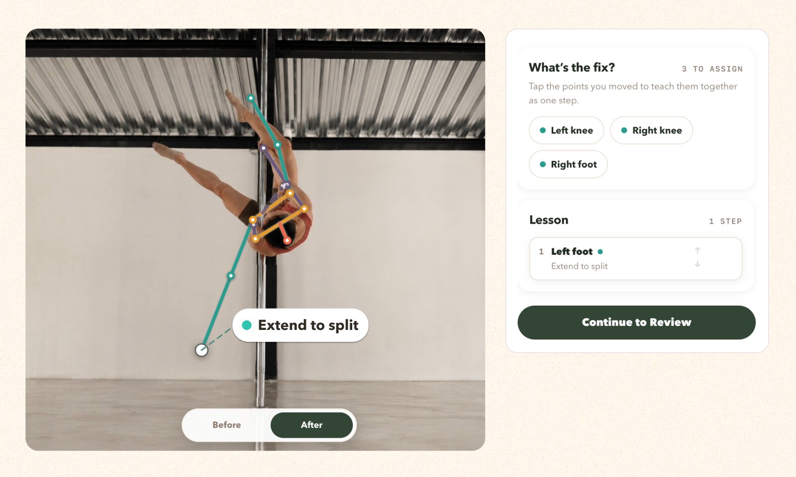 A BodyMap pose-correction annotation over a kicking figure, with coaching callouts for "Point the big toe" and "engage and extend," and a before/after toggle.