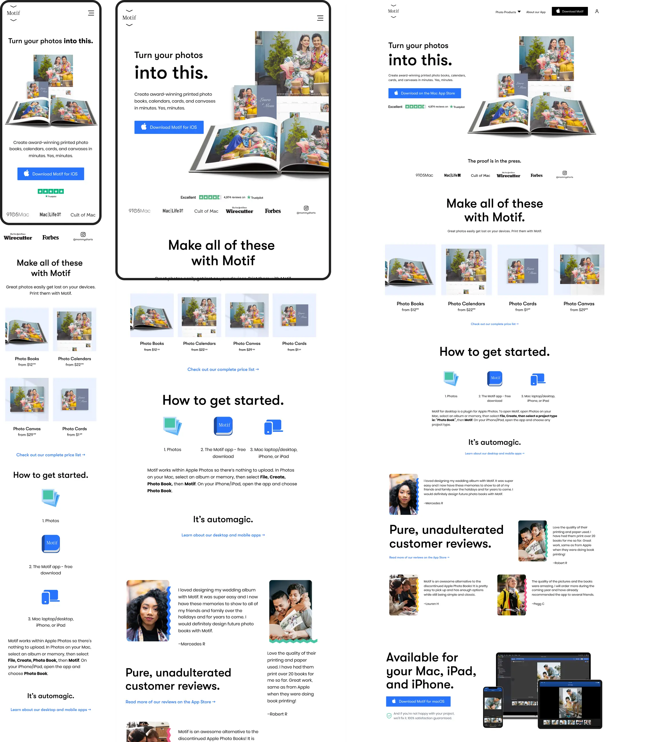 Responsive Motif homepage redesign shown across phone, tablet, and desktop, emphasizing product value, trust signals, product range, and next steps.
