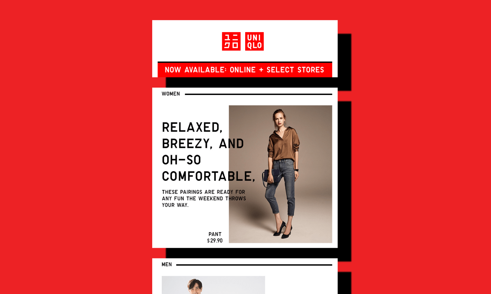 Composite showing the guided UNIQLO email-production system and a segmented email output.
