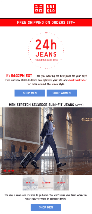 Paired UNIQLO email examples showing differentiated customer-facing content enabled by the new workflow.