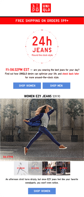 Paired UNIQLO email examples showing differentiated customer-facing content enabled by the new workflow.