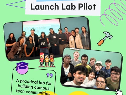 Out in Tech U Launch Lab Pilot graphic with student group photos and illustrated workshop elements.